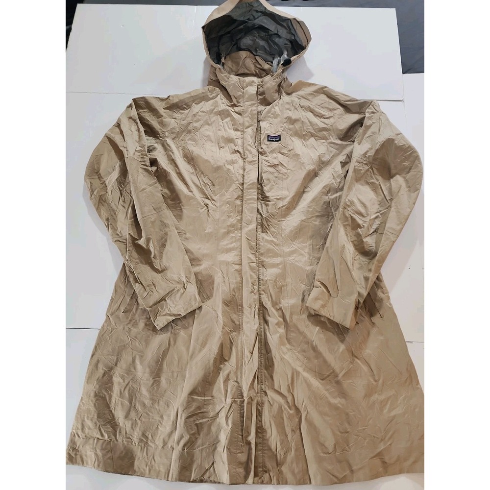 Patagonia XL Rain Shadow Trench Coat Nylon Shell Khaki Hooded Waterproof H2No